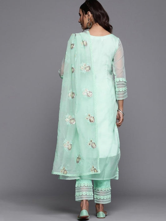Inddus Sea Green Solid Kurta with Trousers & Dupatta - Inddus.com