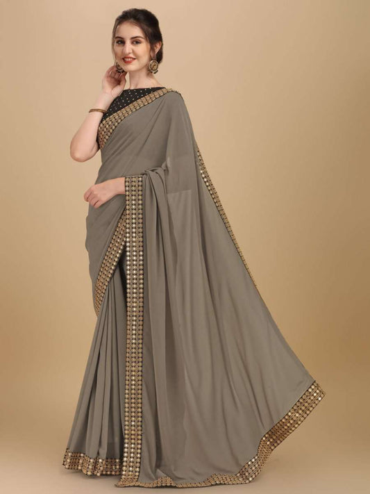 Inddus Taupe Sequinned Saree - Inddus.com