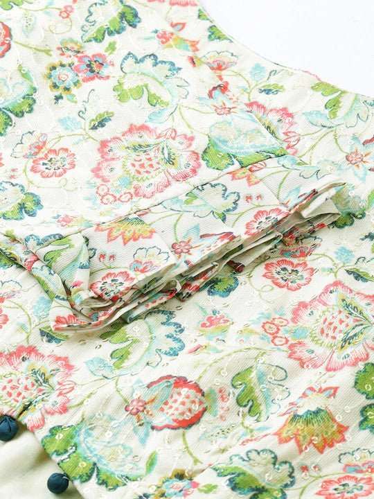 Inddus Women Cream-Coloured Green Floral Printed Ethnic Crop Top - Inddus.com