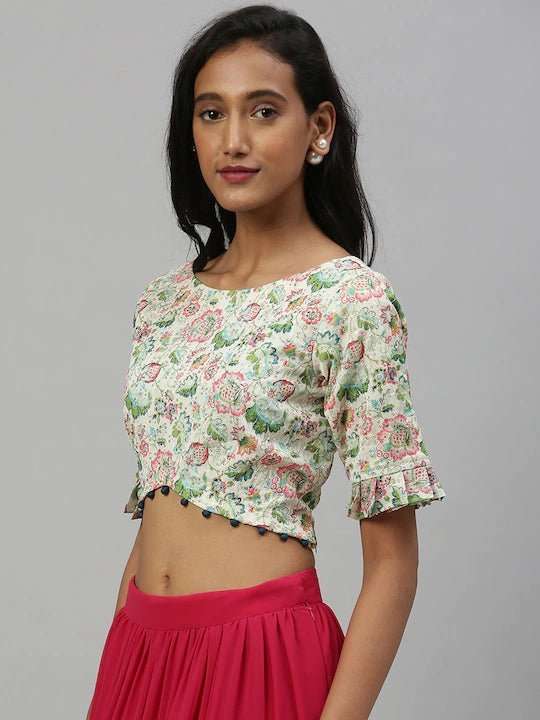 Inddus Women Cream-Coloured Green Floral Printed Ethnic Crop Top - Inddus.com
