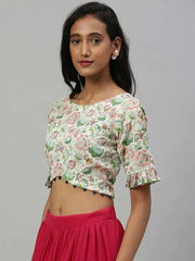 Inddus Women Cream-Coloured Green Floral Printed Ethnic Crop Top - Inddus.com