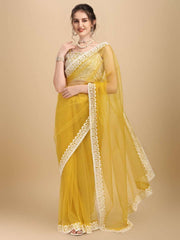 Inddus Yellow White Embroidered Net Saree - Inddus.com