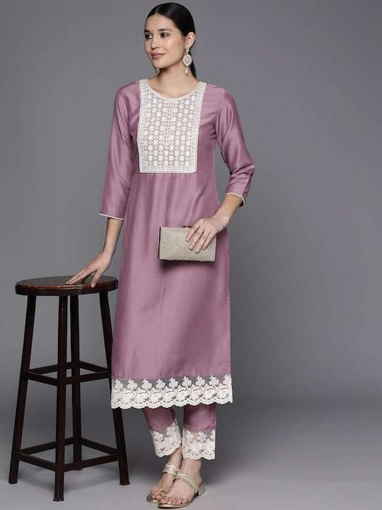 InddusFloral Yoke Design Regular Thread Work Kurta With Trousers - Inddus.com