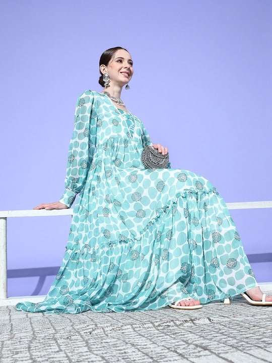 Induss Chiffon Digital Block Printed Maxi Dress - Inddus.com