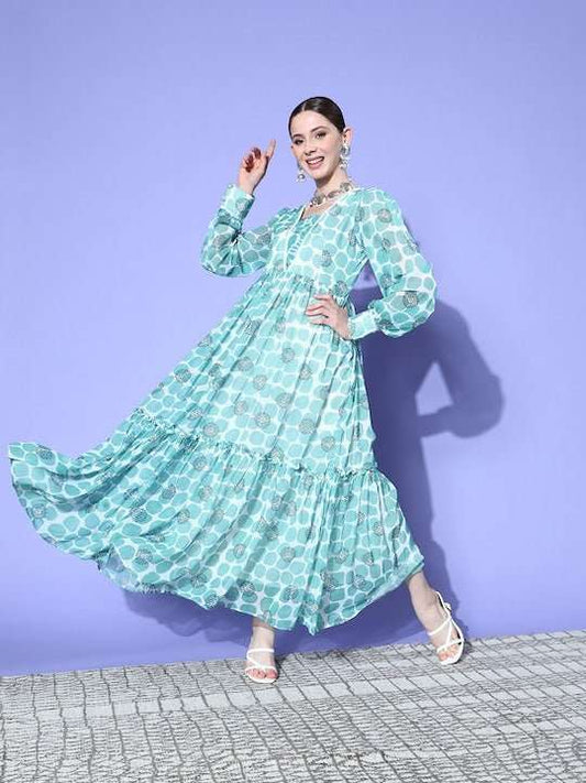Induss Chiffon Digital Block Printed Maxi Dress - Inddus.com