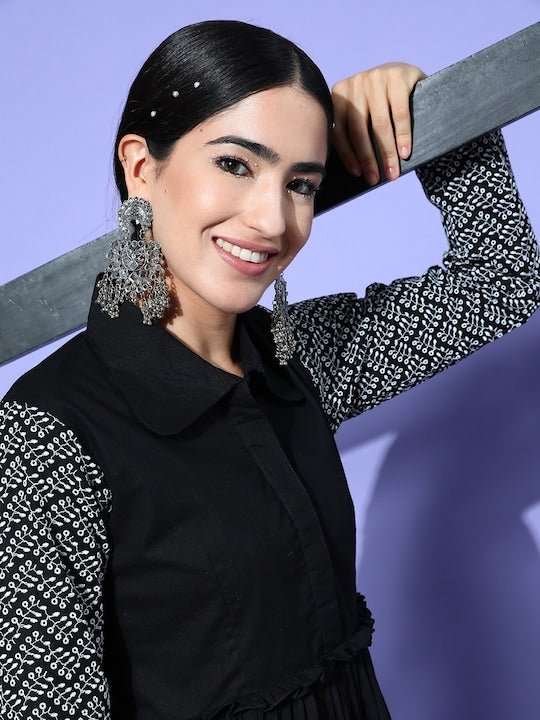 Induss Chikankari Embroidered Shirt Collar Midi Dress - Inddus.com