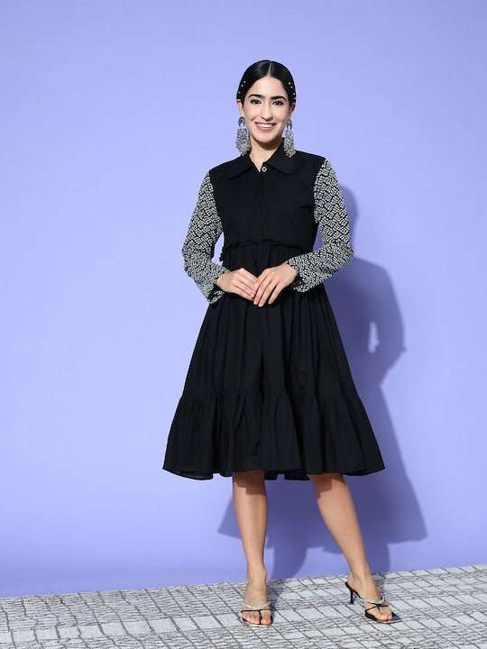 Induss Chikankari Embroidered Shirt Collar Midi Dress - Inddus.com