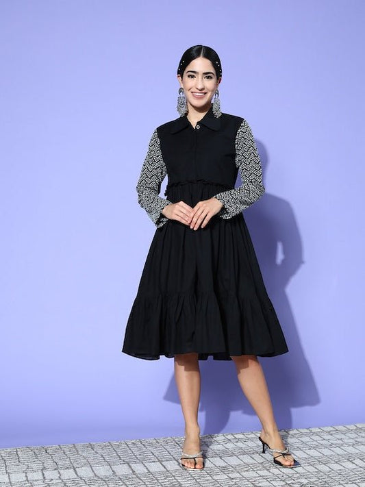 Induss Chikankari Embroidered Shirt Collar Midi Dress - Inddus.com