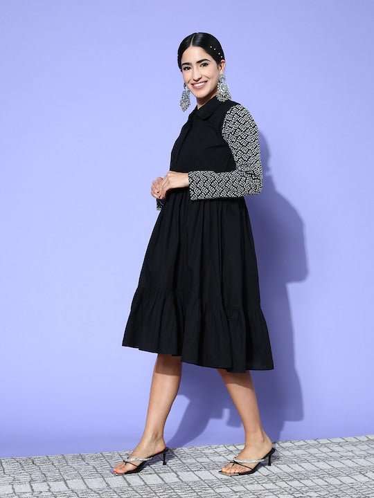 Induss Chikankari Embroidered Shirt Collar Midi Dress - Inddus.com