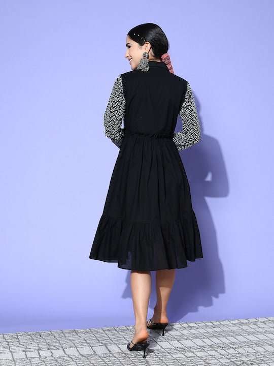 Induss Chikankari Embroidered Shirt Collar Midi Dress - Inddus.com