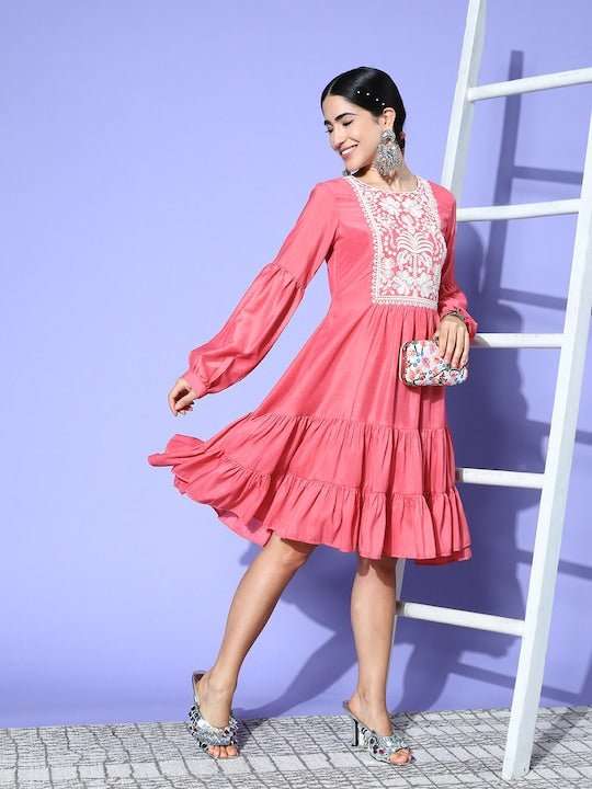 Induss Embroidered Yoke Design Midi Dress Induss Embroidered Yoke Design Midi Dress