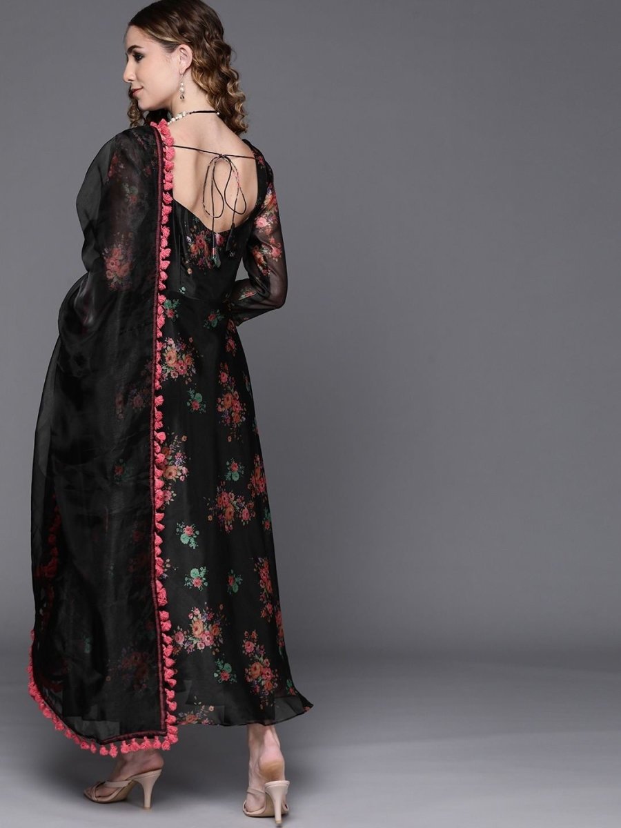 irresistible black organza printed kurta set