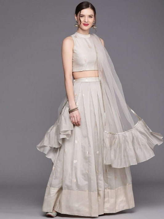 Ivory Woven SemiStitched Lehenga with Blouse and Net Dupatta - inddus-us