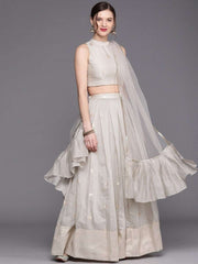 Ivory Woven SemiStitched Lehenga with Blouse and Net Dupatta - inddus-us