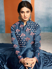 Jennifer Winget Blue Satin Silk Gown Style Readymade Suit - inddus-us