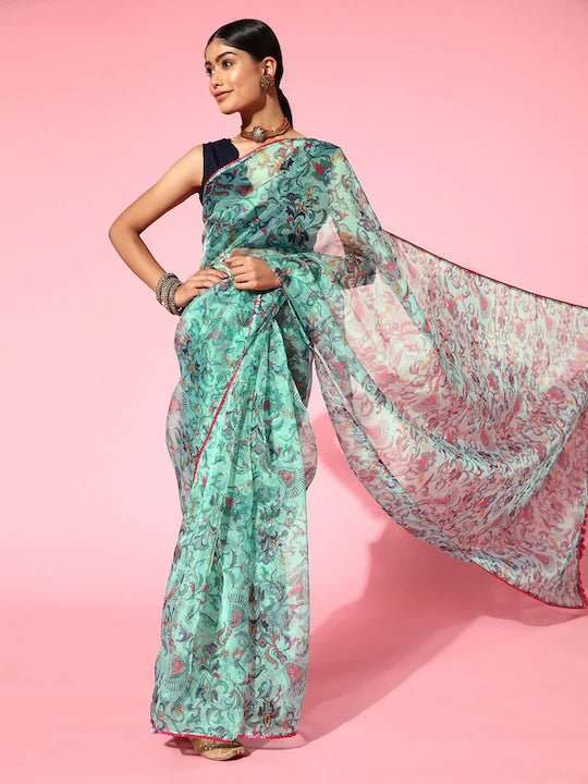 Kalamkari Printed Organza Saree - Inddus.com