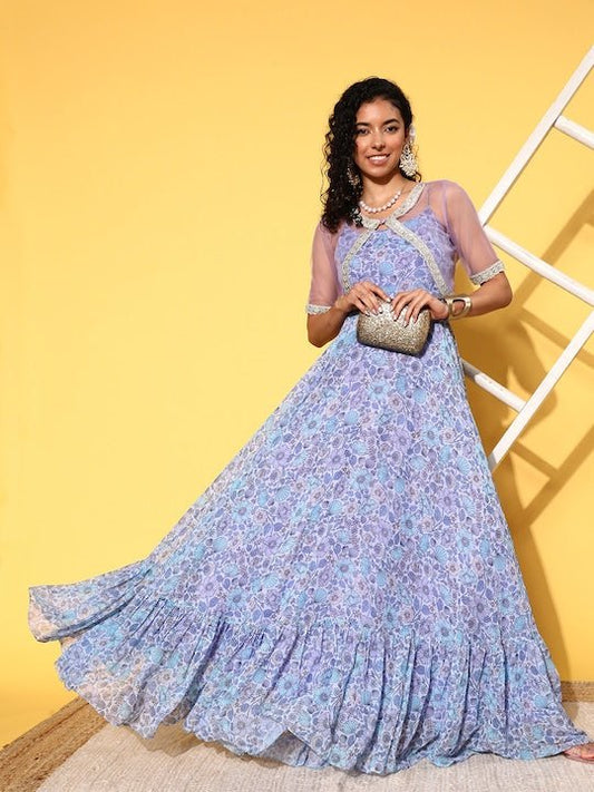 Lavender & Blue Floral Chiffon Maxi Dress With Net Jacket - Inddus.com