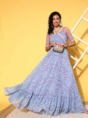 Lavender & Blue Floral Chiffon Maxi Dress With Net Jacket - Inddus.com