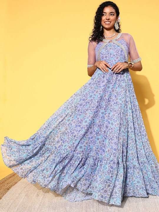 Lavender & Blue Floral Chiffon Maxi Dress With Net Jacket - Inddus.com