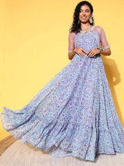 Lavender & Blue Floral Chiffon Maxi Dress With Net Jacket - Inddus.com