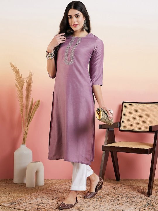 Lavender Cotton Thread Work Embroidered Yoke Design Kurta - Inddus.com