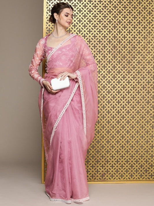 Lavender Embroidered Organza Saree
