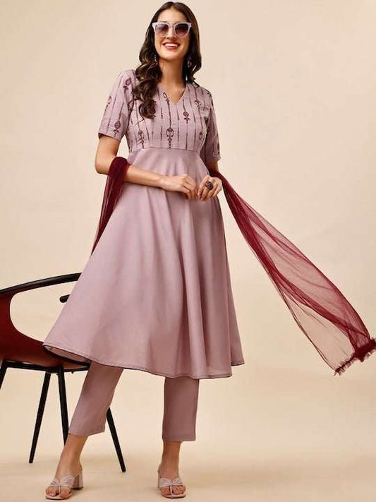 Lavender Ethnic Embroidered Chanderi Cotton A-Line Kurta & Trousers With Dupatta - Inddus.com
