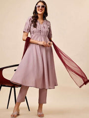 Lavender Ethnic Embroidered Chanderi Cotton A-Line Kurta & Trousers With Dupatta - Inddus.com