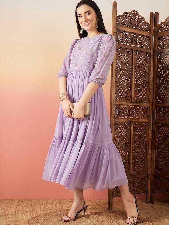 Lavender Floral Embroidered Flared Midi Ethnic Dresses - Inddus.com