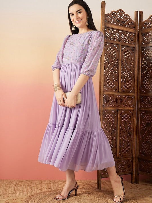 Lavender Floral Embroidered Flared Midi Ethnic Dresses - Inddus.com