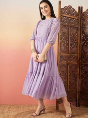 Lavender Floral Embroidered Flared Midi Ethnic Dresses - Inddus.com