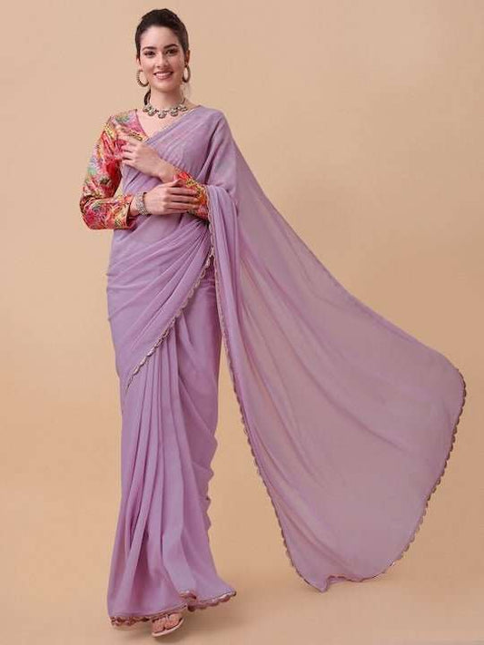 Lavender & Gold-Toned Embroidered Saree - Inddus.com