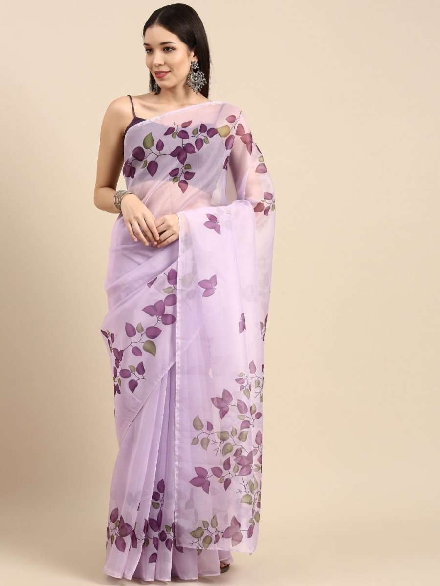 Lavender Leaf Digital Print Organza Saree - Inddus.com