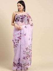 Lavender Leaf Digital Print Organza Saree - Inddus.com