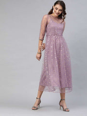 Lavender Net Embroidered Fit & Flared Gown - inddus-us