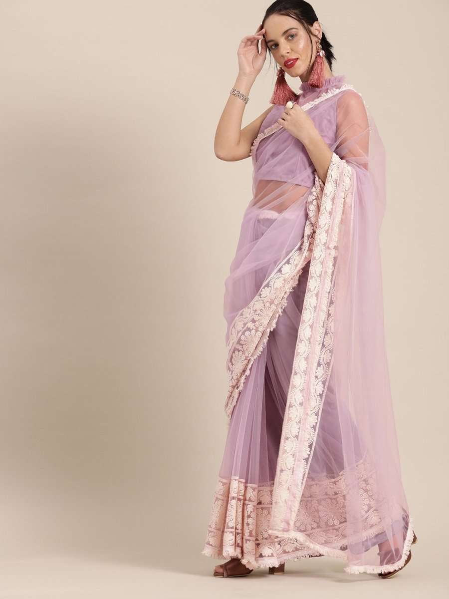 Lavender Net Embroidered Party Wear Traditional Saree - inddus-us