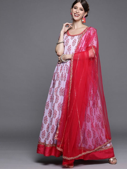 Lavender Printed Embroidered Kurta - Inddus.com