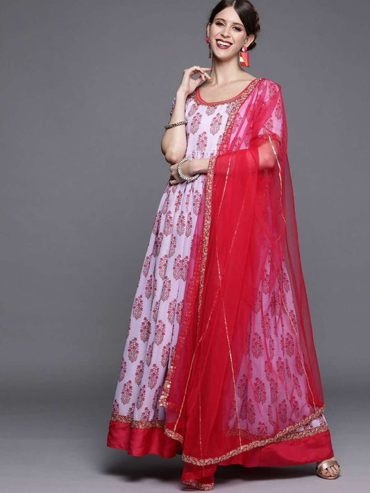 Lavender Printed Embroidered Kurta - Inddus.com