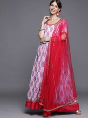 Lavender Printed Embroidered Kurta - Inddus.com