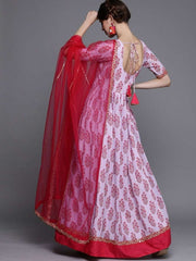 Lavender Printed Embroidered Kurta - Inddus.com