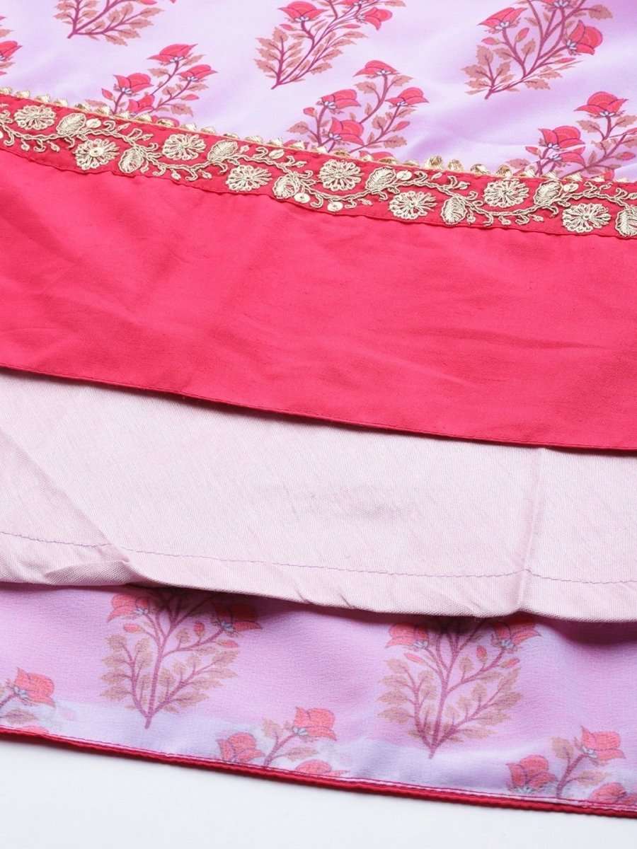 Lavender Printed Embroidered Kurta - Inddus.com