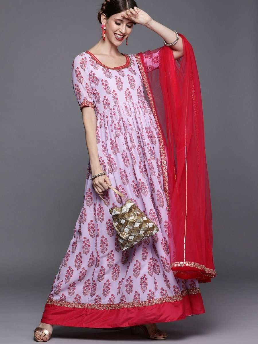 Lavender Printed Embroidered Kurta - Inddus.com