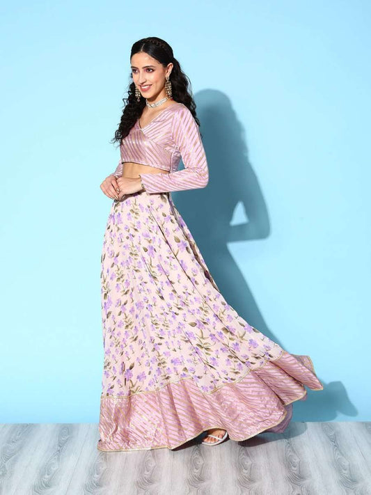 Lavender Semi-Stitched Lehenga & Unstitched Blouse With Dupatta - Inddus.com
