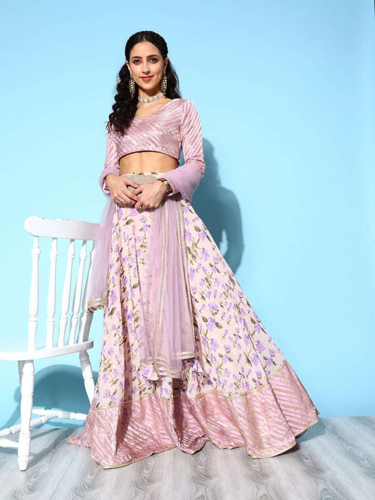 Lavender Semi-Stitched Lehenga & Unstitched Blouse With Dupatta - Inddus.com