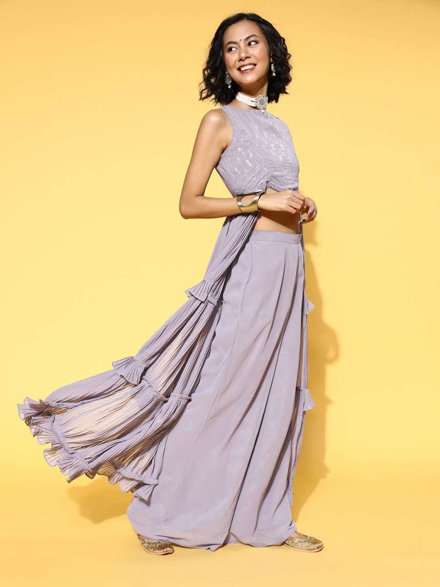 Lavender Sequinned Embroidered Top & Solid Palazzo - Inddus.com