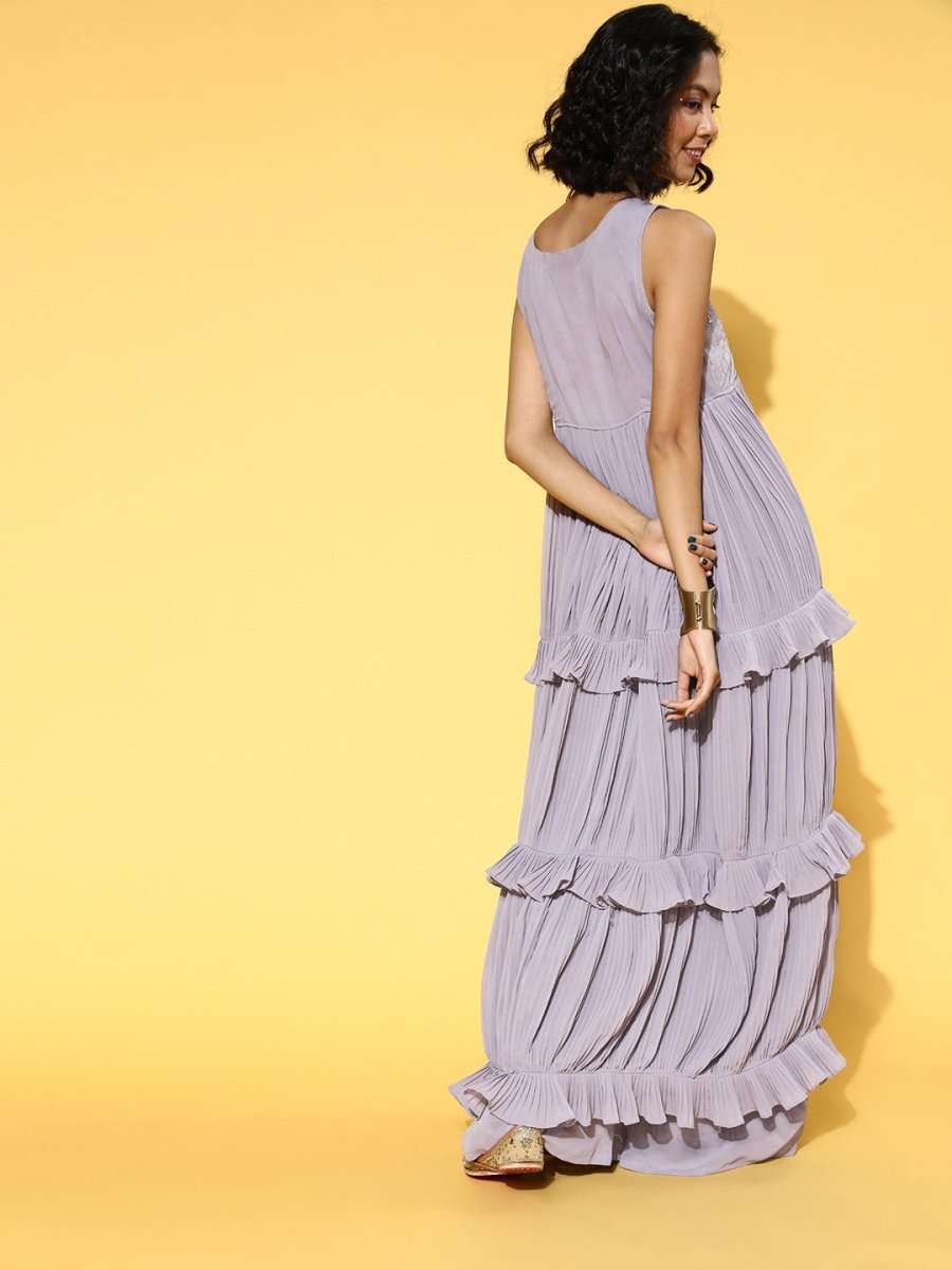 Lavender Sequinned Embroidered Top & Solid Palazzo - Inddus.com