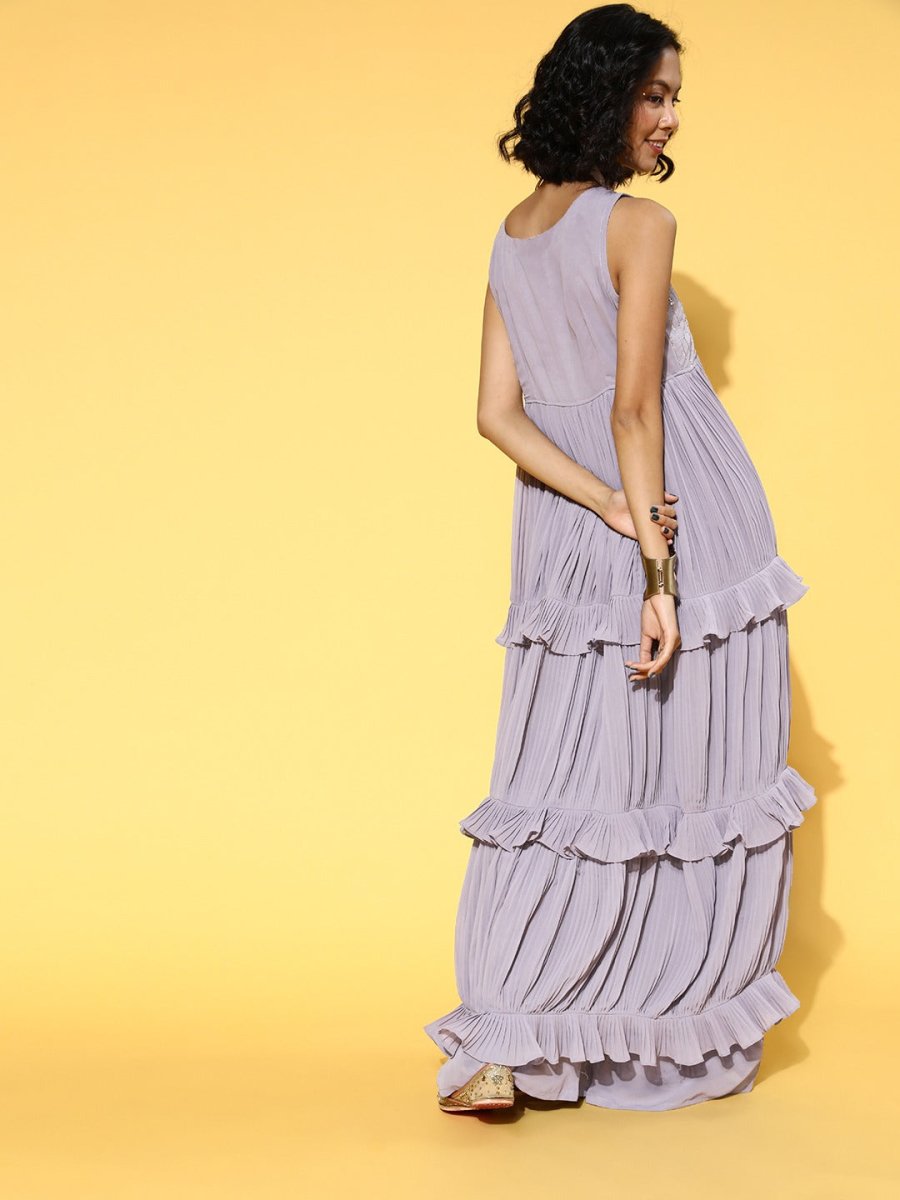 Lavender Sequinned Embroidered Top & Solid Palazzo - Inddus.com