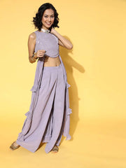 Lavender Sequinned Embroidered Top & Solid Palazzo - Inddus.com