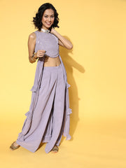 Lavender Sequinned Embroidered Top & Solid Palazzo - Inddus.com