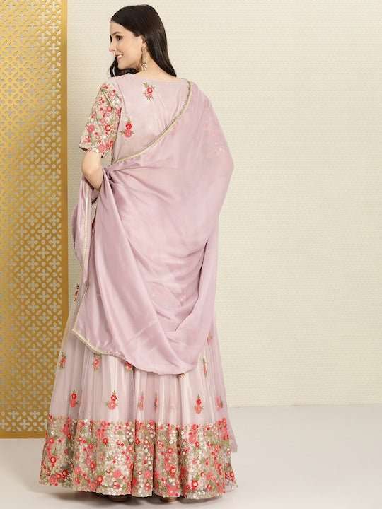 Lavender Sequinned Semi-Stitched Lehenga & Unstitched Blouse With Dupatta - Inddus.com